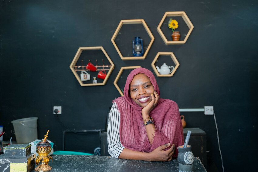 Safa, 26, in her café which is safe space for feminist activism in Kosti