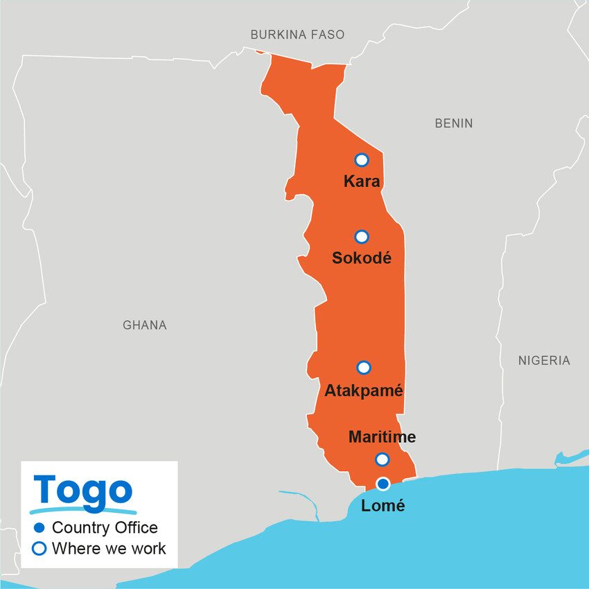 A map showing where Plan International works in Togo.