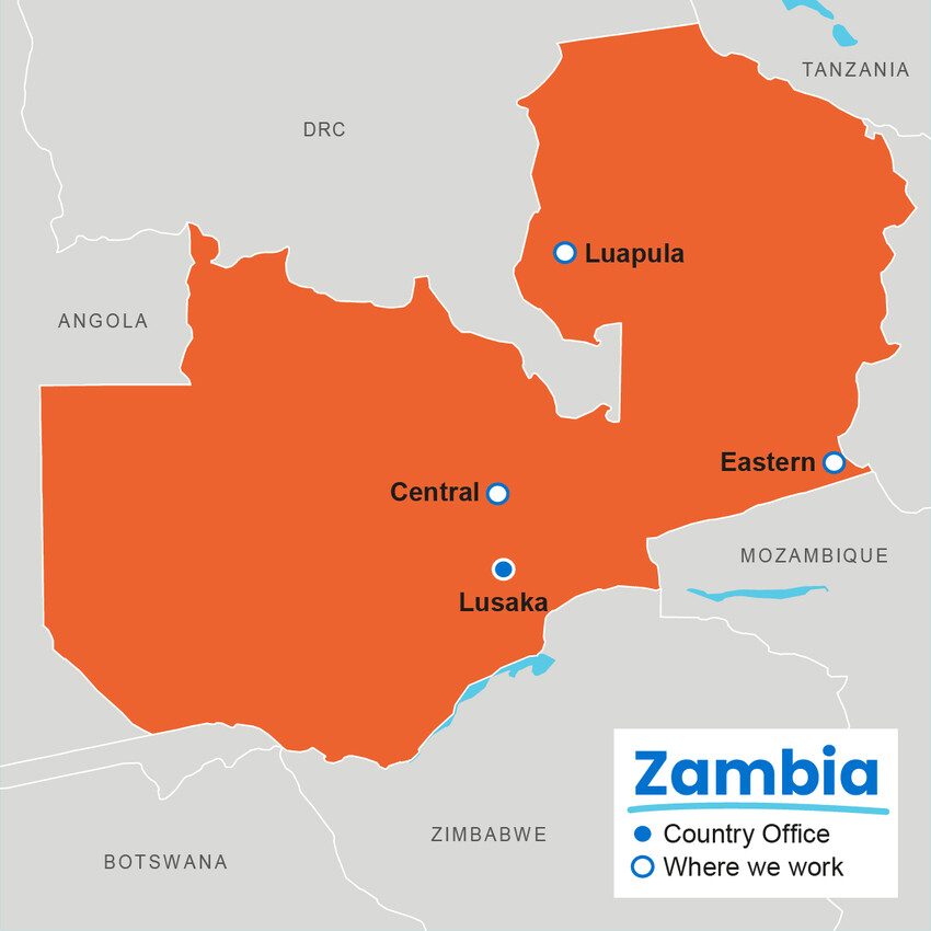 A map showing where Plan International works in Zambia.
