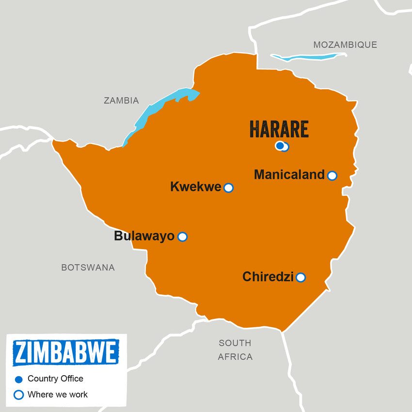 A map showing where Plan International works in Zimbabwe