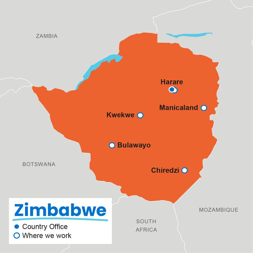 A map showing where Plan International works in Zimbabwe.