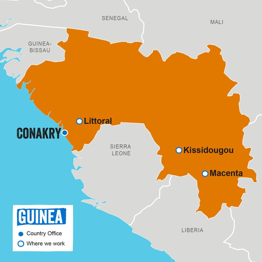 A map showing where Plan International works in Guinea