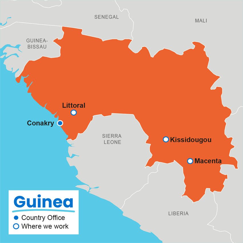 A map showing where Plan International works in Guinea.