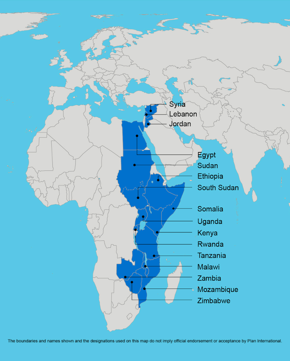 
Map of Plan International's country offices in Middle East, East and Southern Africa featuring the names of the programme countries where Plan International MEESA works.