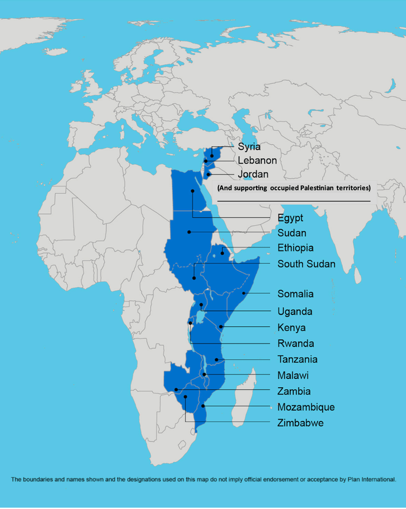 Map of Plan International's country offices in Middle East, East and Southern Africa featuring the names of the programme countries where Plan International MEESA works.
