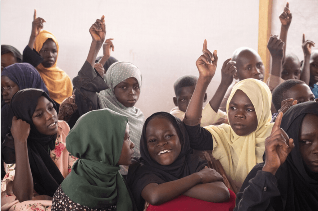 Sudan children at a temporary learning space in Chad.