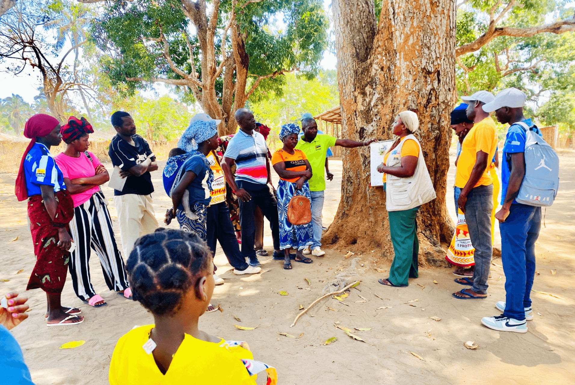 people standing under a tree listening to a presentation