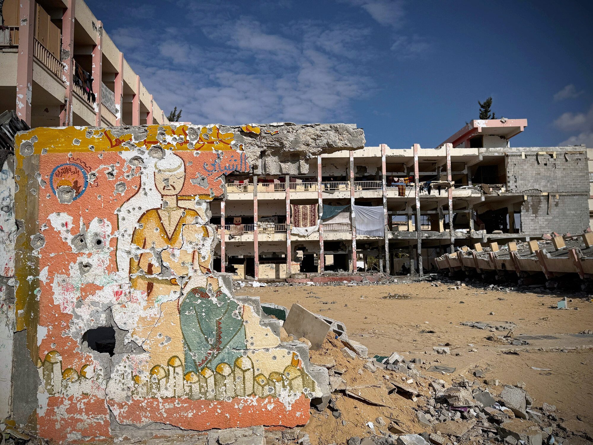 Bomb damaged classroom block at Muscat School in Gaza City  
