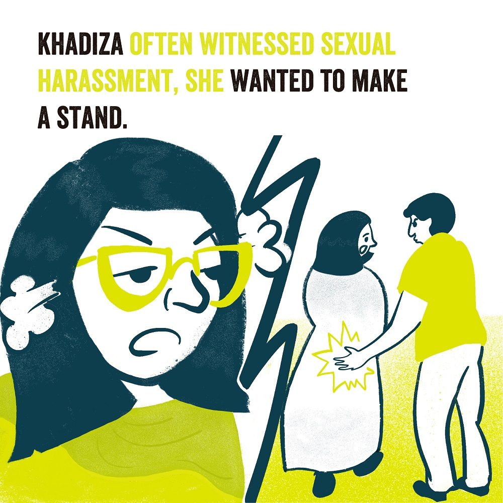 Comic Panel: Khadiza often witnessed sexual harassment, she wanted to make a stand