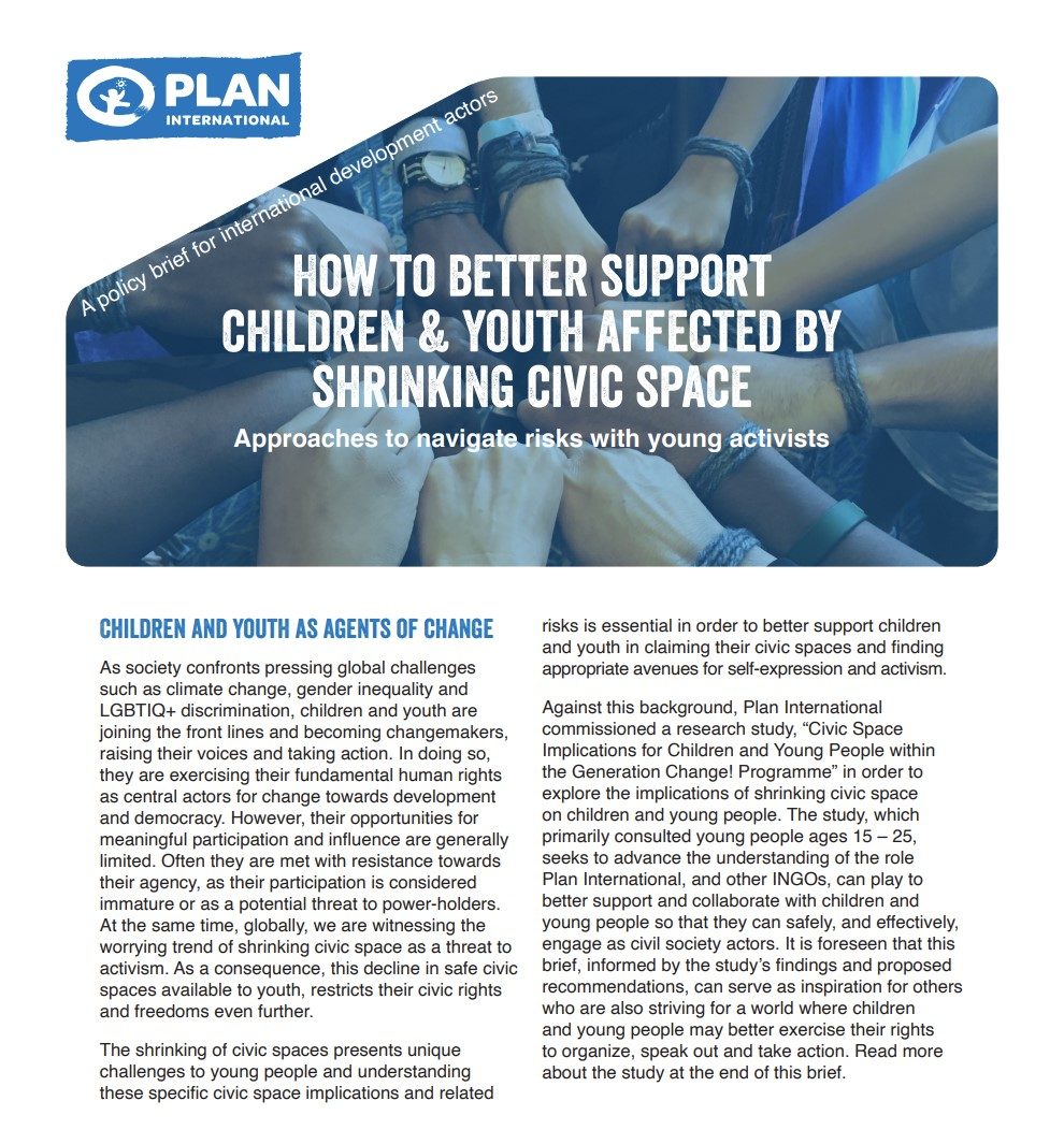 Policy brief cover page - How to better support
children & youth affected by
shrinking civic space