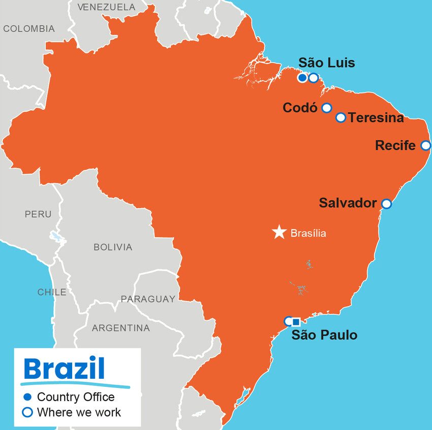 A map showing where Plan International works in Brazil.