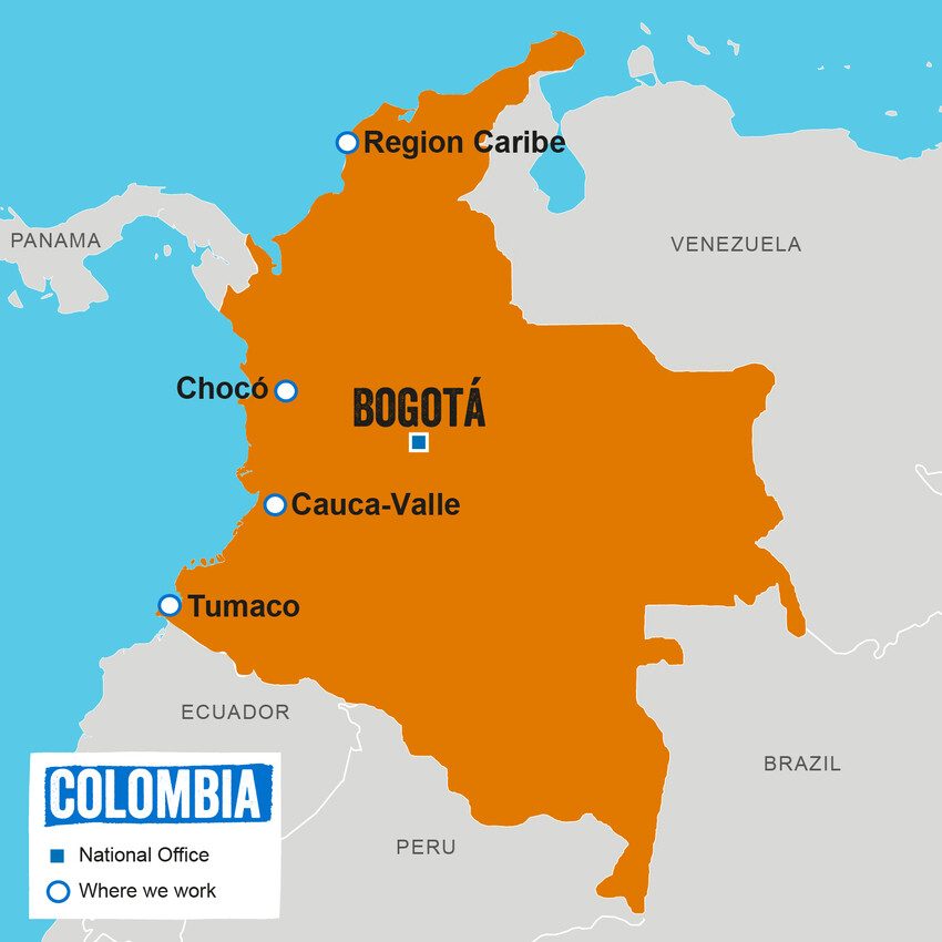 A map showing where Plan International works in Colombia