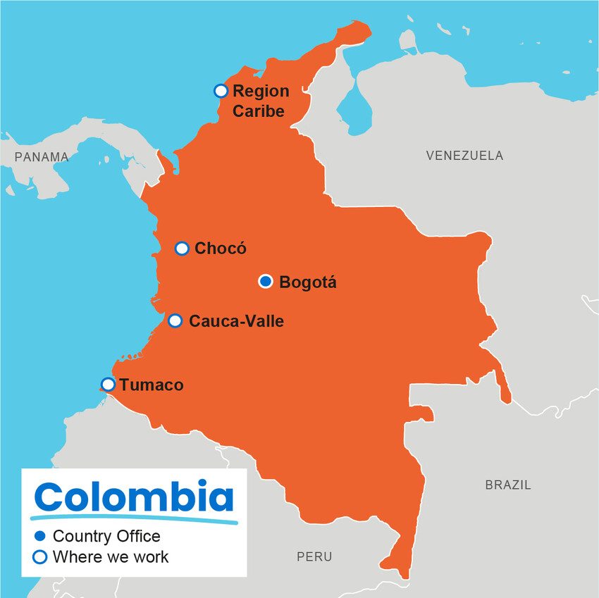 A map showing where Plan International works in Colombia.