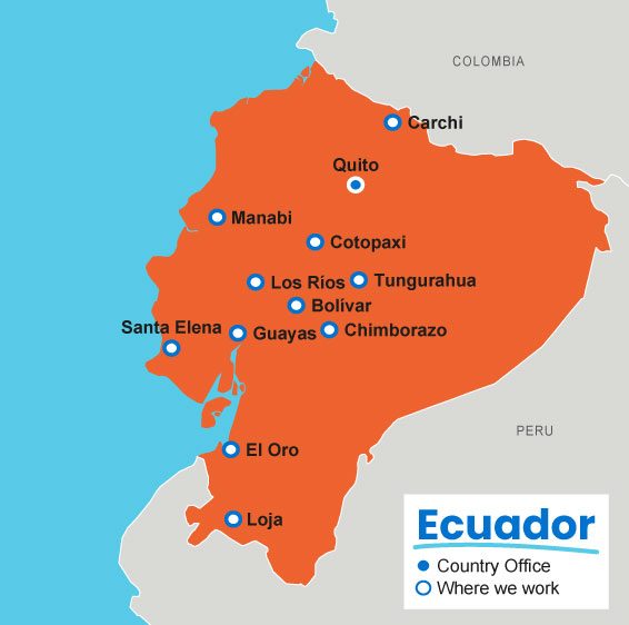 A map showing where Plan International works in Ecuador
