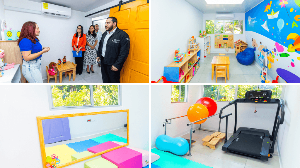 Representante de Plan International El Salvador realizando el recorrido en la nueva Clínica de Neurodesarrollo Infantil.