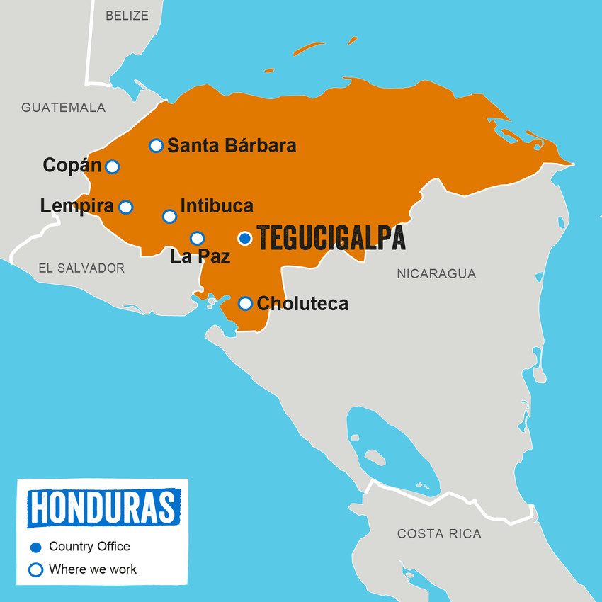 A map showing where Plan International works in Honduras