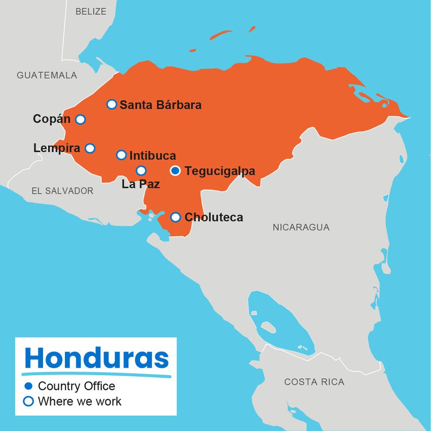 A map showing where Plan International works in Honduras.