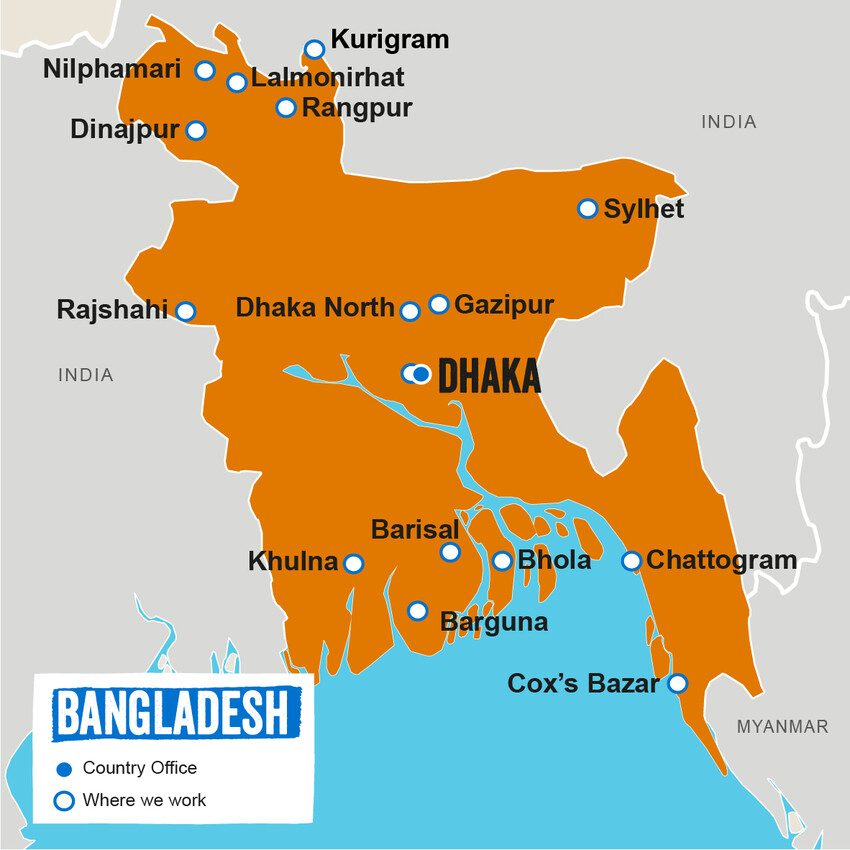 A map showing where Plan International works in Bangladesh