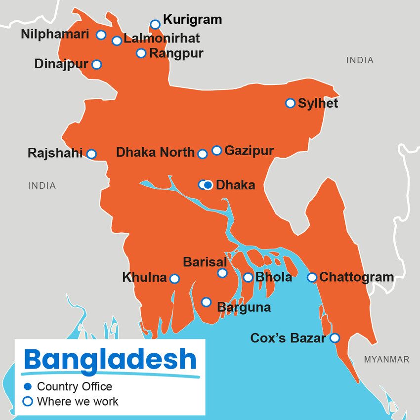 A map showing where Plan International works in Bangladesh.