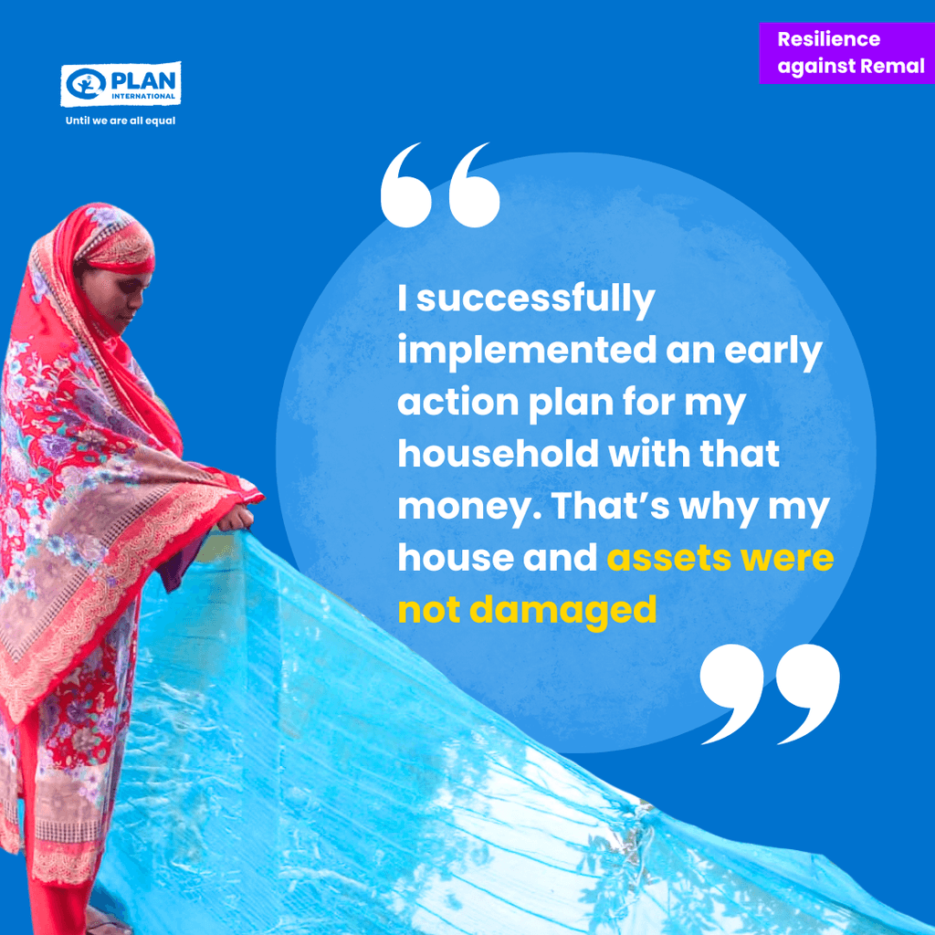 Rabeya setting up nets around a pond in the background and her dialogue "I successfully implemented an early action plan for my household with that money. That’s why my house and assets were not damaged" appears in quotations.