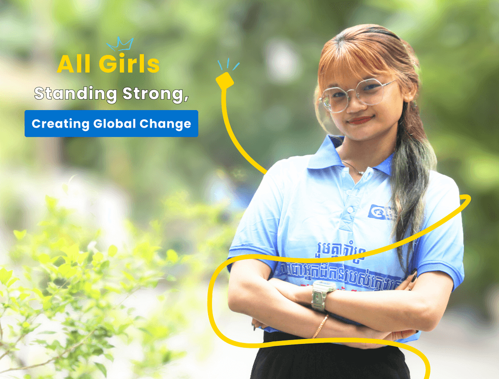 Girls standing with arms folded, image captioned, 'All girls standing strong, creating global change'.