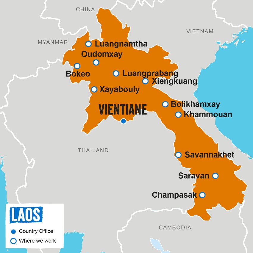 A map showing where Plan International works in Laos