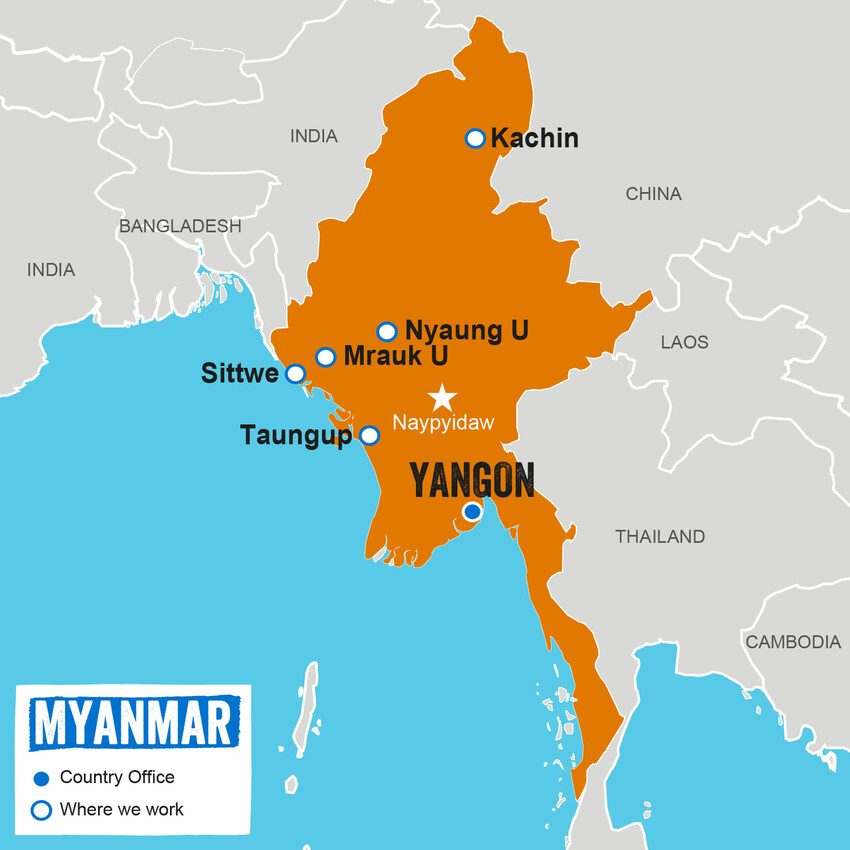 A map showing where Plan International works in Myanmar