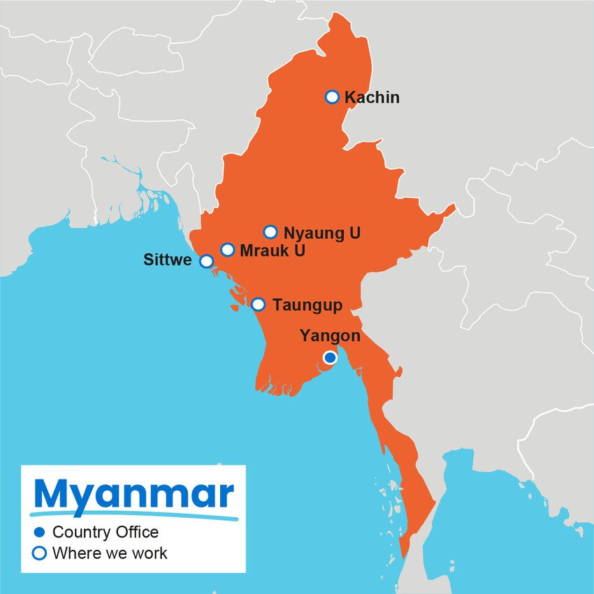 A map showing where Plan International works in Myanmar.
