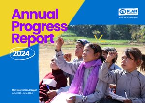 Cover page of annual report featuring students with hearing disability studying under sky after earthquake in West Rukum.