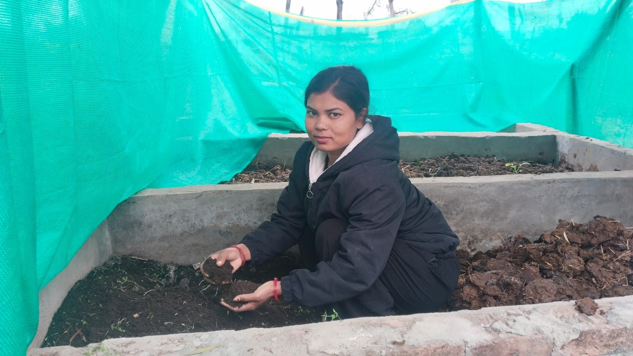 A young woman Akriti working in the pits for vermicompost. 