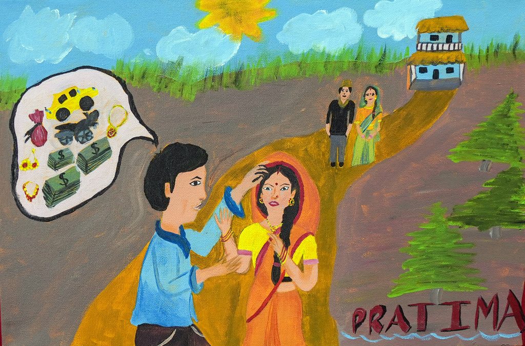 A painting by Pratima showing dowry violence in Nepal