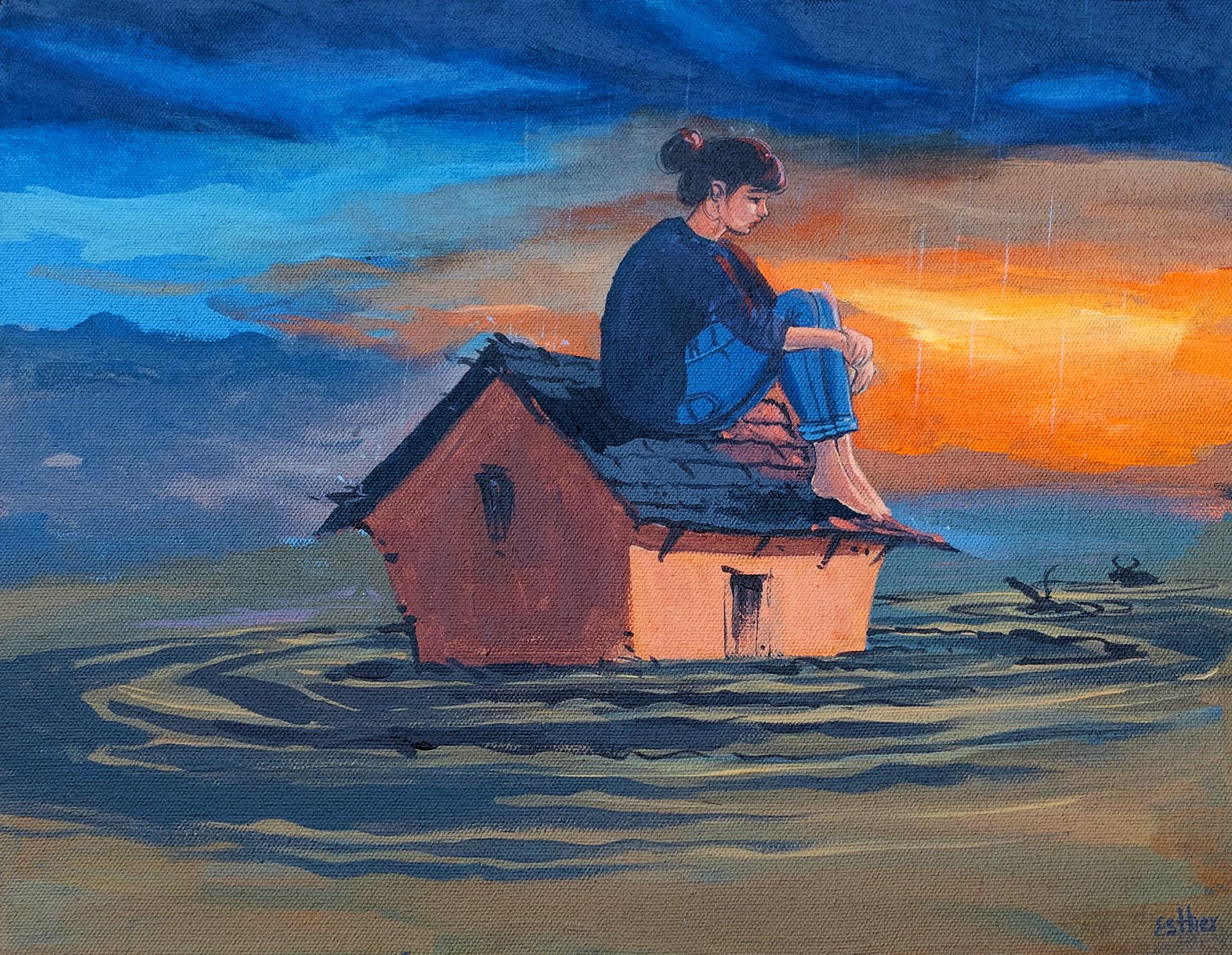 he painting depicts a young girl sitting on the roof of a nearly submerged house, surrounded by rising floodwaters. Her expression reflects a mix of fear and helplessness as she watches the devastation unfold. The murky water engulfs the landscape, carrying debris and remnants of lost homes, symbolising the destructive force of climate change.