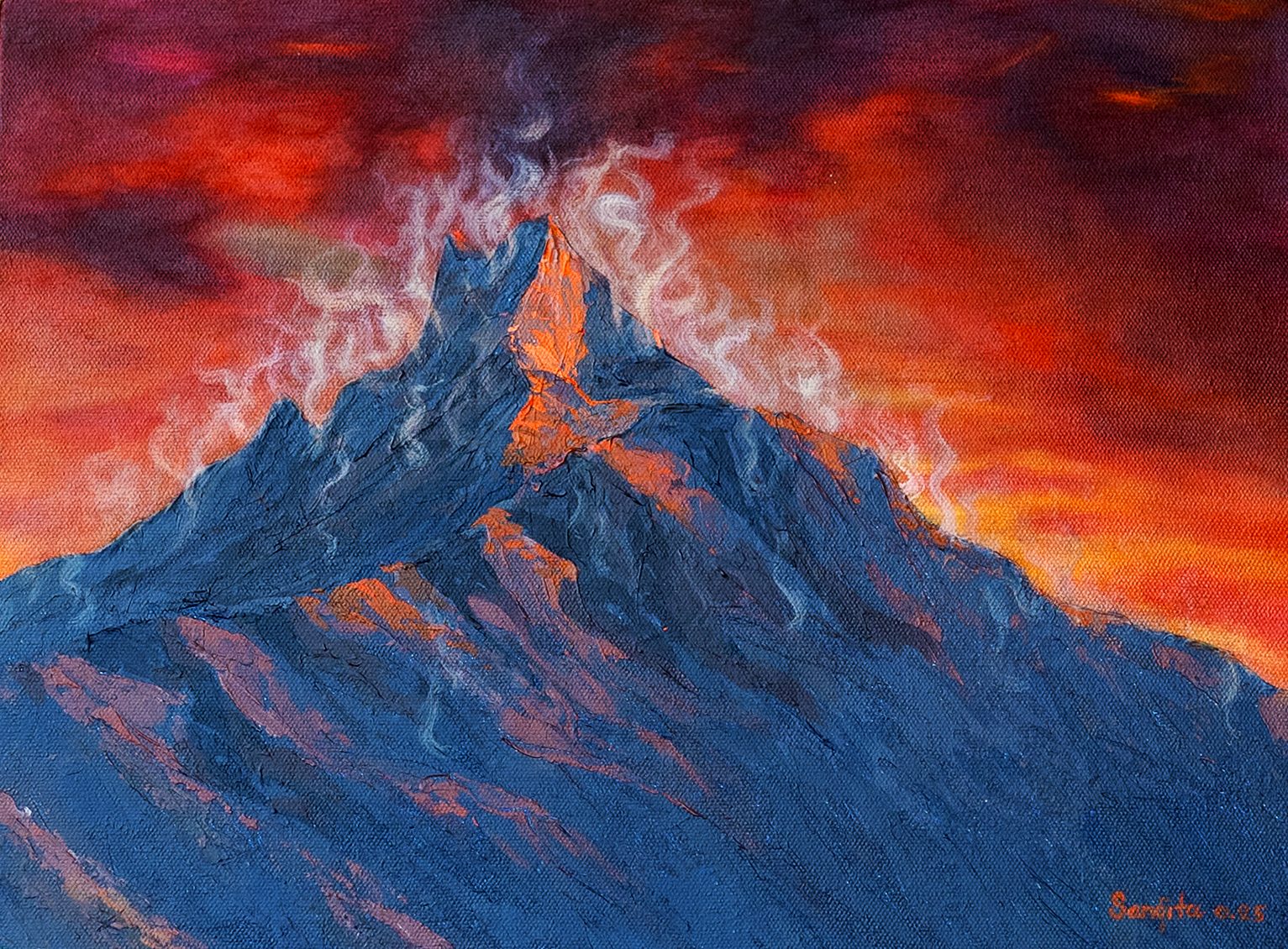 Artwork shows a fuming mountain due to climate change