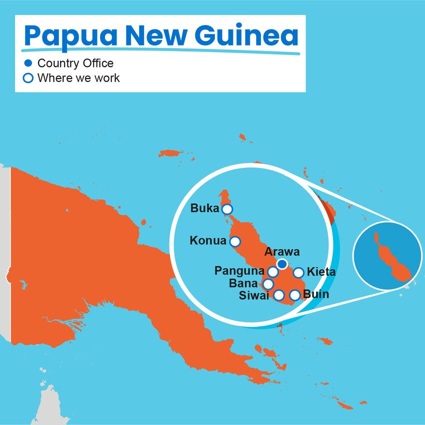 A map showing where Plan International works in Papua New Guinea.